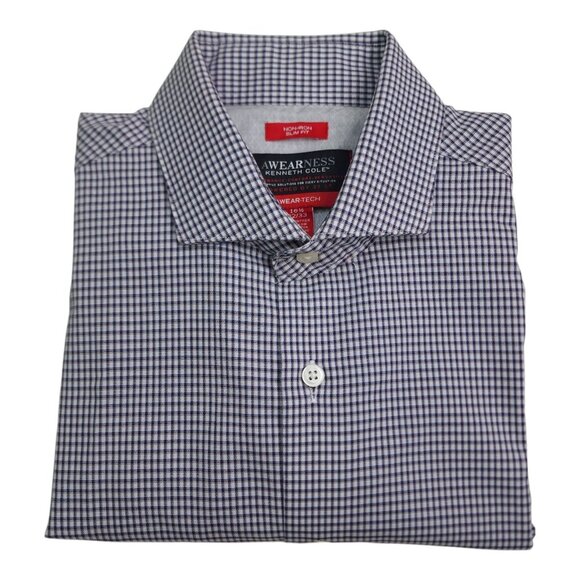 Awearness Kenneth Cole Non-Iron Slim Fit Dress Shirt 16.5 32/33 Navy Long Sleeve - Picture 7 of 7